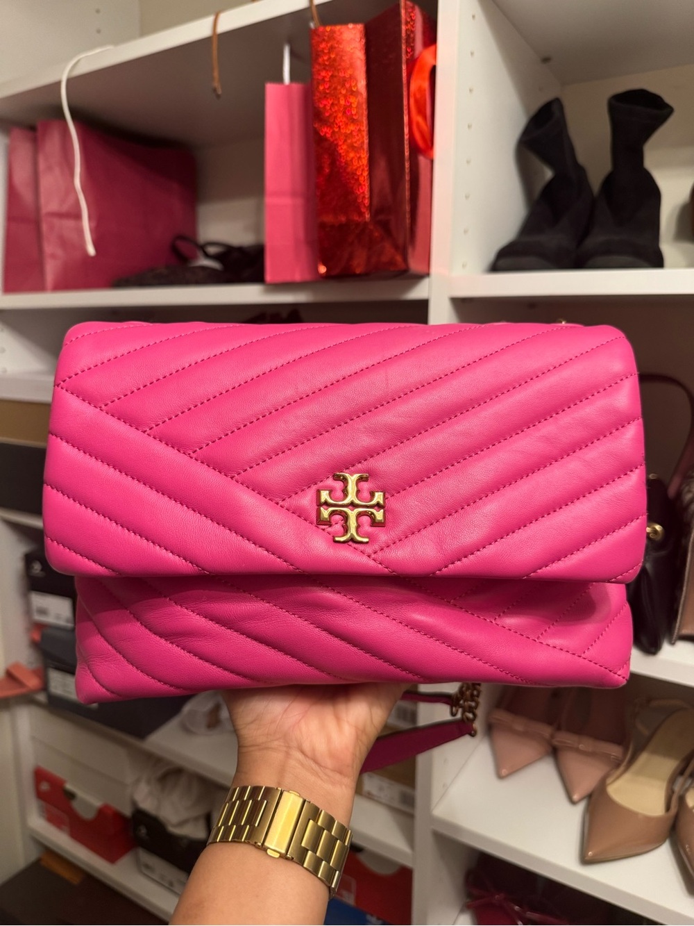 Tory Burch Pink Quilted Chain Shoulder Bag with Gold Logo